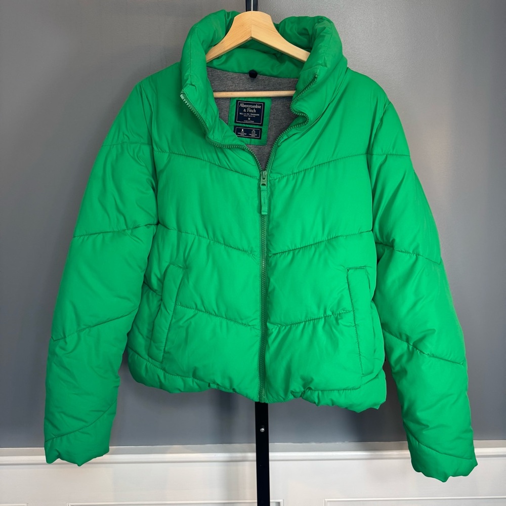 Abercrombie & Fitch Green‎ Cropped Puffer Jacket Zip Quilted Medium - Picture 2 of 13